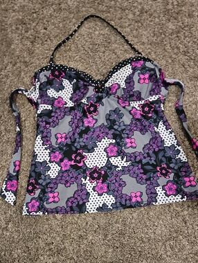 Women's Floral Halter Swim Top in Black and Purple